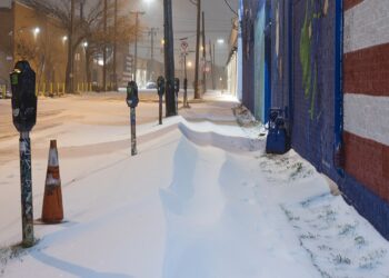 A snow-covered Texas street during the February 2021 freeze