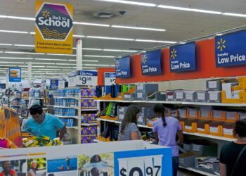 Back-to-school school supplies section at a Walmart store